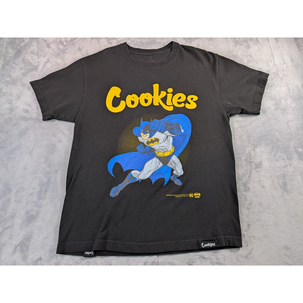 Cookies T Shirt Men's Size Large Graphic DC Blue Cape Batman Superhero Black